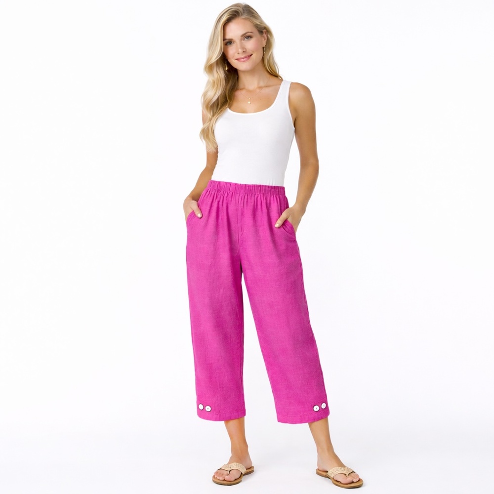 Fuchsia 100% Linen Capri Pants -Elastic Waist-Ankle Tabs-Size  S
